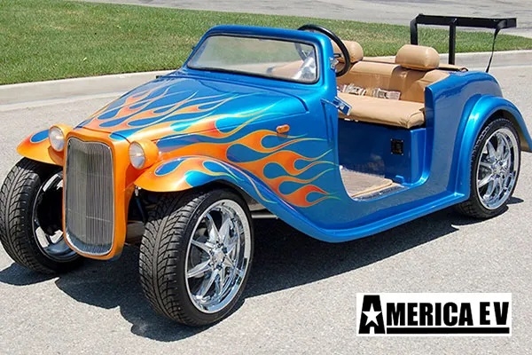 Blue California Roadster with Orange Flames golf cart rental kentucky, kentucky golf cart rental
