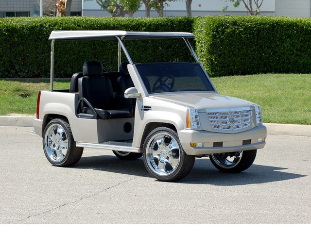 Silver Escalade Golf Cart With Roof and Custom Wheels affordable golf cart rental, golf cart rent kentucky