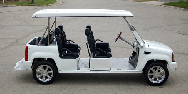 White Escalade Limo Golf Cart affordable golf cart rental, golf cart rent kentucky